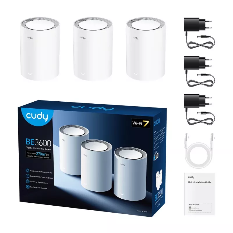 Mesh sistēma Cudy M3600 Wi‑Fi 7 divjoslu (2.4/5 GHz), 3‑gab. komplekts, 2882/688 Mbps, 3x LAN, iekšējās antenas