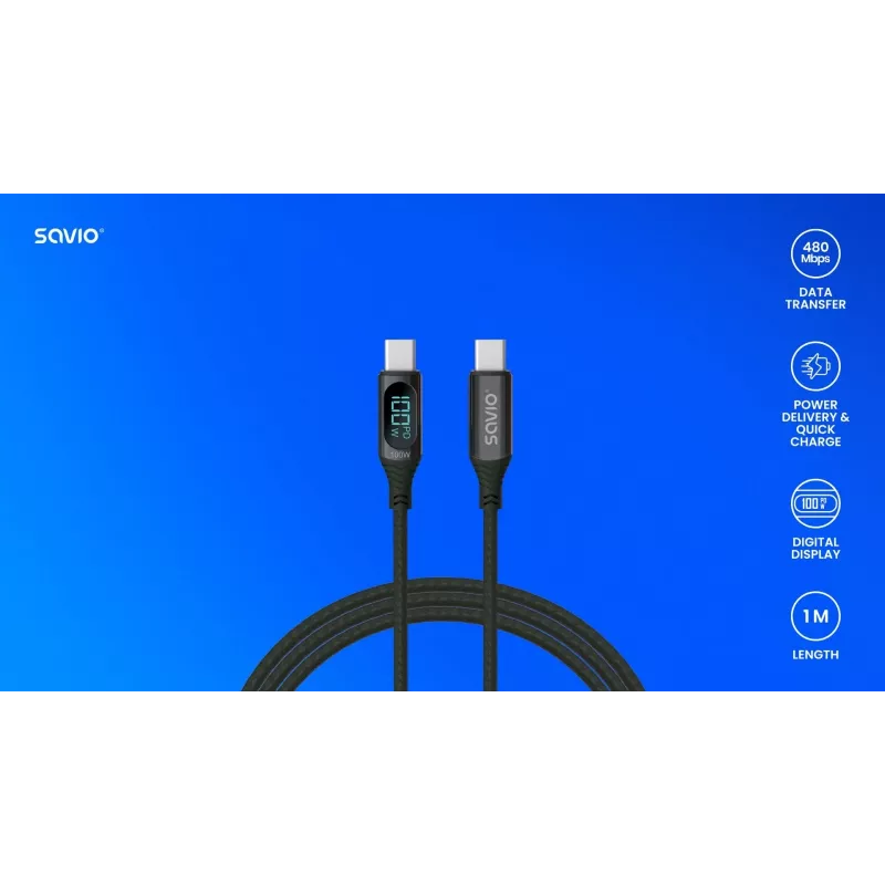 Savio USB-C — USB-C kabelis CL-174 1 m melns USB 3.2 Gen 1