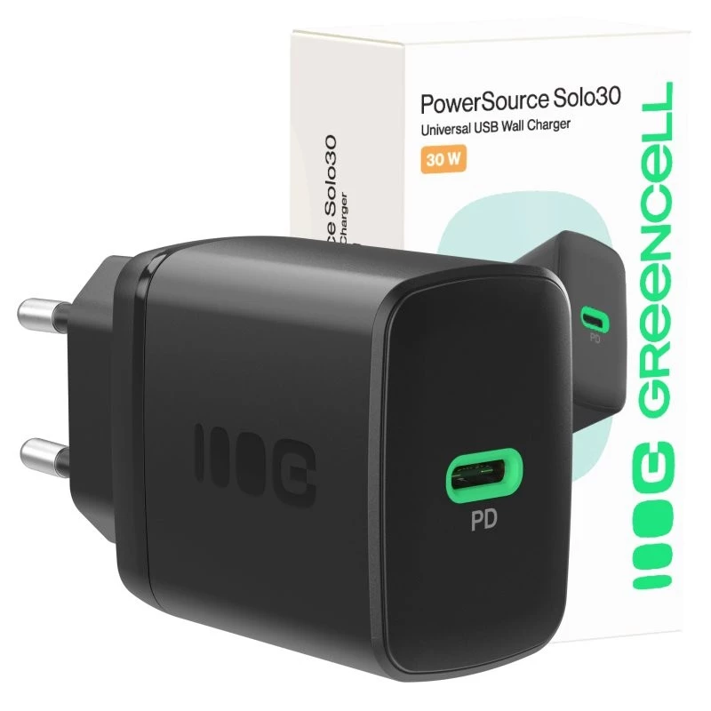 Barošanas adapteris zaļa Cell PowerSource Solo30 30W melns — USB-C viena porta lādētājs