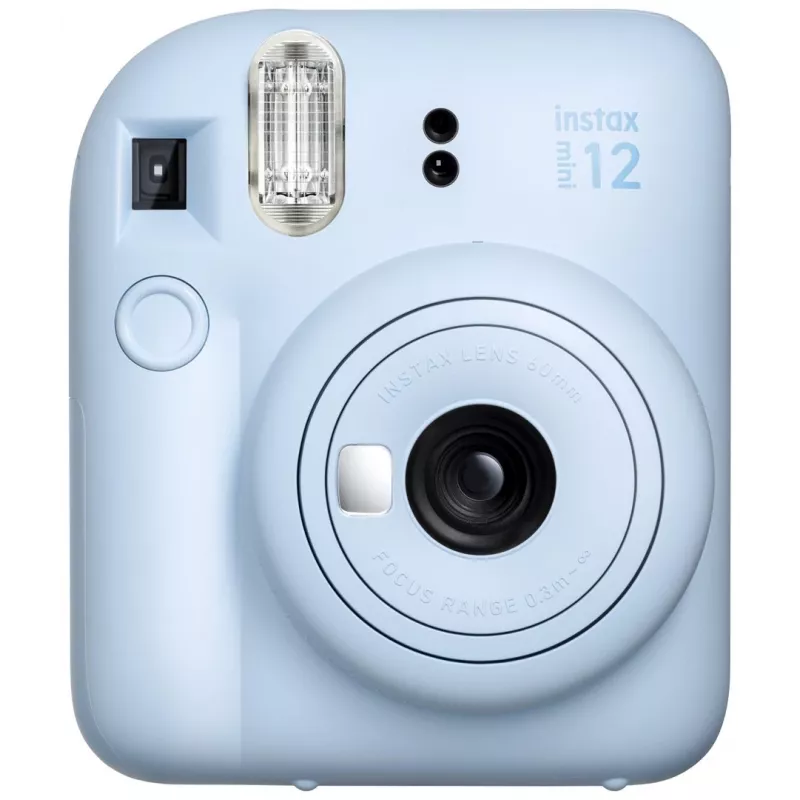 Instant kamera Fujifilm Instax Mini 12 zila — 86 x 54 mm izdrukas, 60 mm fokusa attālums, elektroniskais aizvars