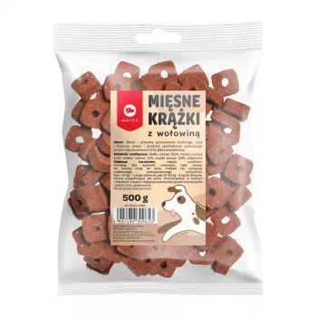 Suņu kārums MACED Meat Discs ar liellopu gaļu 500 g — papildinošs našķis, 12% olbaltumvielu, 8% tauku, 20% mitruma