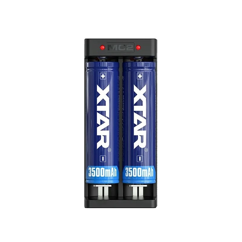 XTAR divu slotu Li-ion bateriju lādētājs 18650 elementiem, USB-C ieeja, 2 sloti, melns, LED indikatori