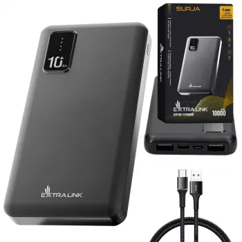 Ārējais akumulators Extralink EPB-098B 10000 mAh, LiPo, 2× USB-A + 1× USB-C, melns