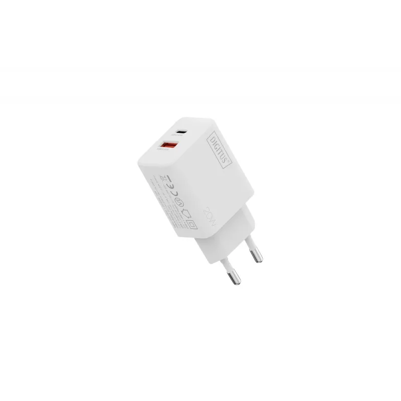 Maiņstrāvas USB lādētājs DIGITUS 20 W, 1x USB-C, 1x USB-A, ieeja 100–240 V, balts