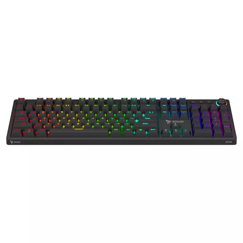 Mehāniskā spēļu tastatūra SAVIO STYX Outemu Red — pilna izmēra 104 taustiņu USB vadu, RGB, ANSI US International, 1,5 m, melna