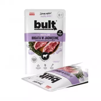 Mitrā suņu barība BULT Bagāta ar jēru 100 g paciņa — pilnvērtīga pieaugušo barība, 75% mitruma, 12% olbaltumvielu, bez graudiem
