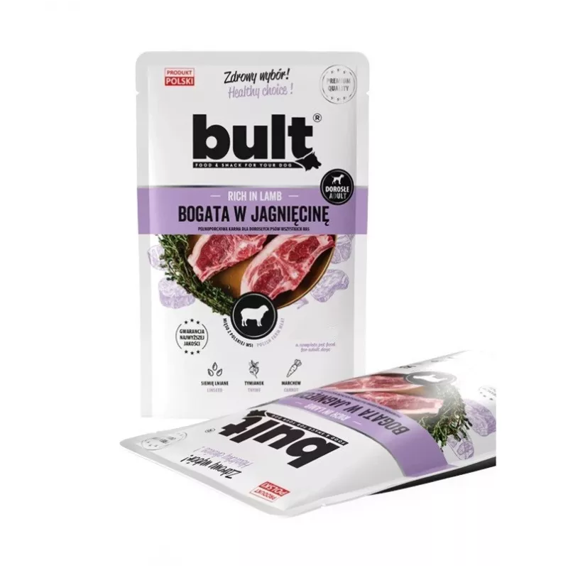 Mitrā suņu barība BULT Bagāta ar jēru 100 g paciņa — pilnvērtīga pieaugušo barība, 75% mitruma, 12% olbaltumvielu, bez graudiem