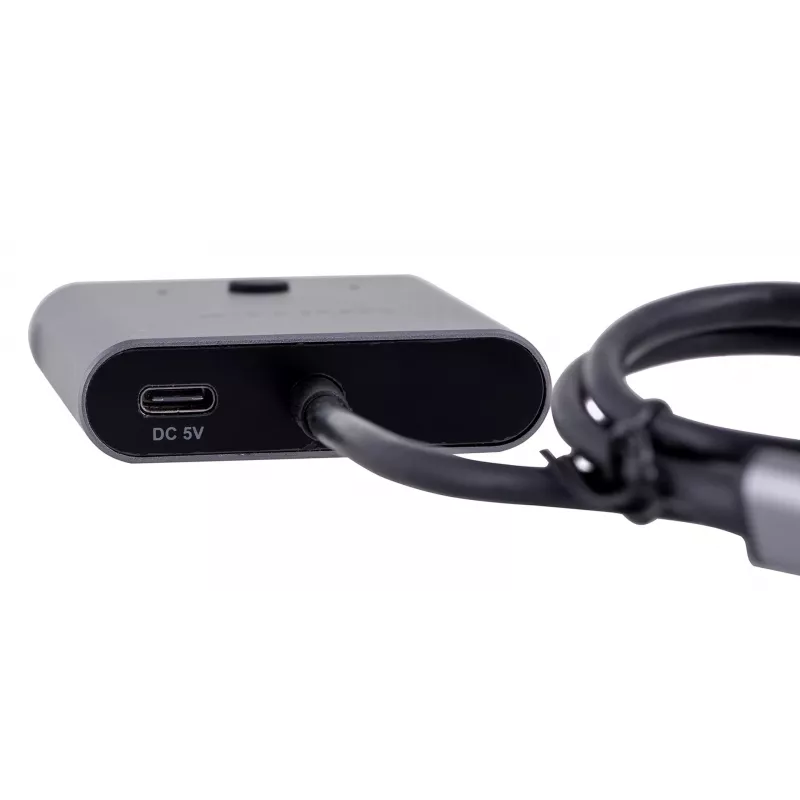 Dokstacija Unitek D1078A — USB-C centrmezgls, 2x USB-C ieeja, 1x USB-C izeja, 100 W PD, 4K atbalsts, 3480×2160 maks., pelēka
