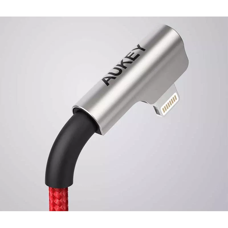 USB–Lightning kabelis Aukey CB-AL01 sarkans — neilona pinums, Lightning savienotājs Apple ierīcēm