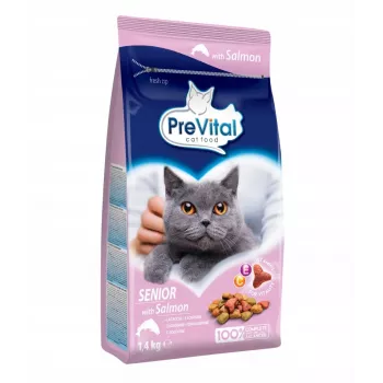 Sausā kaķu barība PREVITAL Senior Salmon 1,4 kg — senioru formula, 31% olbaltumvielu, 9% tauku