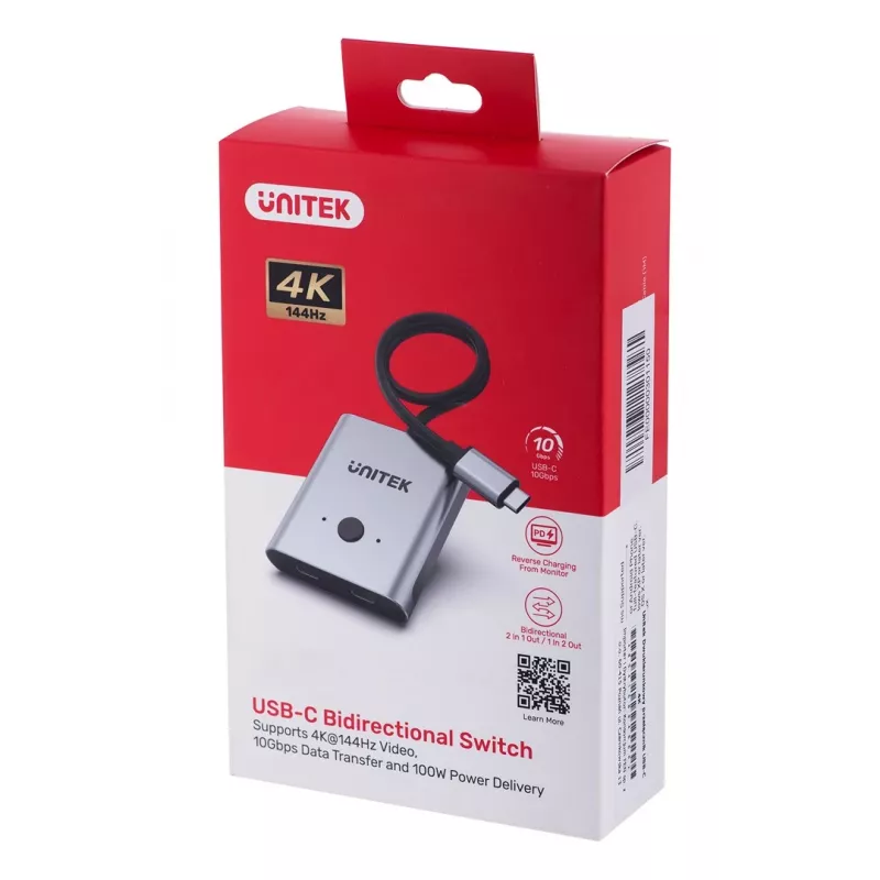 Dokstacija Unitek D1078A — USB-C centrmezgls, 2x USB-C ieeja, 1x USB-C izeja, 100 W PD, 4K atbalsts, 3480×2160 maks., pelēka
