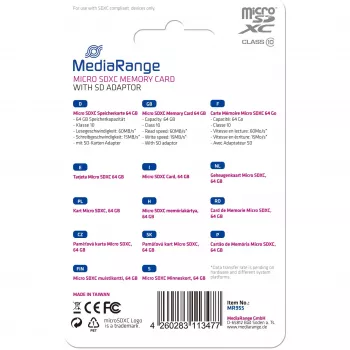 MediaRange 64 GB MicroSDXC Class 10 MR955 atmiņas karte