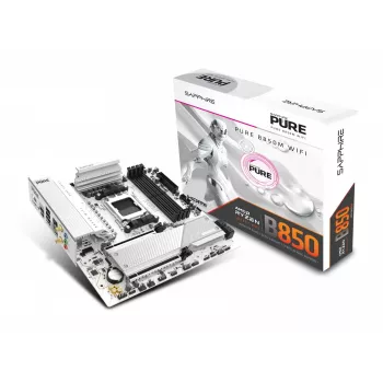 Mātesplate Sapphire PURE B850M WIFI Micro ATX — AMD B850, Socket AM5, DDR5 līdz 8000 MHz, 4 DIMM, Wi‑Fi 6, 2,5 Gb LAN, 2× M.2, PCIe 5.0 x16