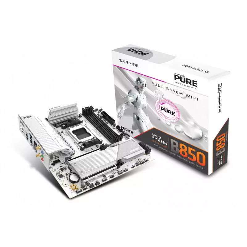 Mātesplate Sapphire PURE B850M WIFI Micro ATX — AMD B850, Socket AM5, DDR5 līdz 8000 MHz, 4 DIMM, Wi‑Fi 6, 2,5 Gb LAN, 2× M.2, PCIe 5.0 x16
