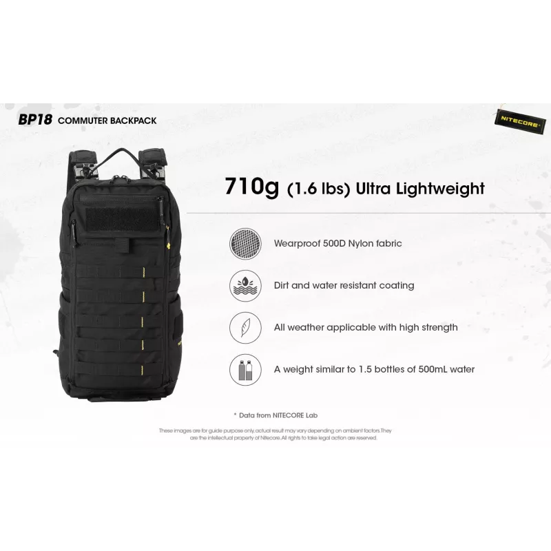 Ceļojumu mugursoma Nitecore BP18 — melna neilons/poliesters, 240×160×470 mm