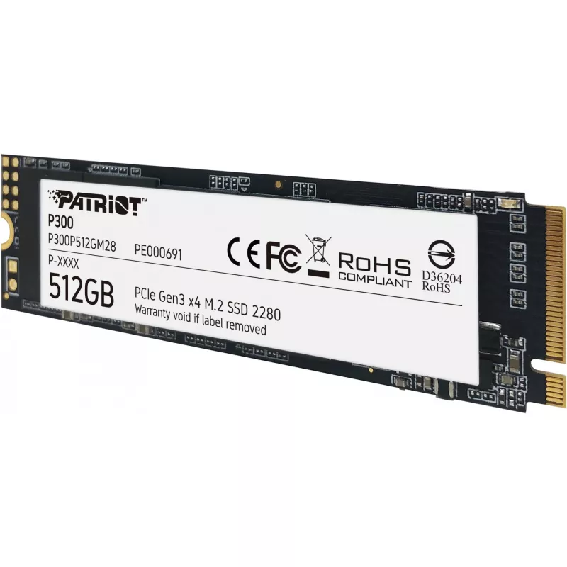 Iekšējais SSD PATRIOT P300 512 GB M.2 PCIe NVMe — lasīšana 1700 MB/s, rakstīšana 1200 MB/s, 3D NAND, 3,8 mm, TBW 240