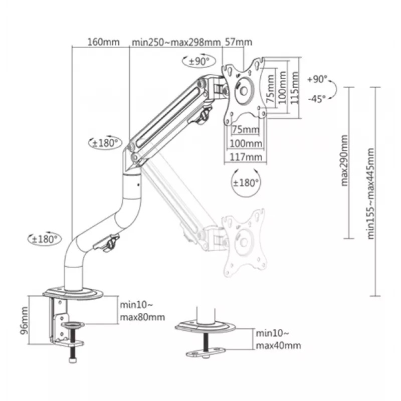 Gembird MA-DA1-02 Regulējams galda stiprinājums displejam (sasverams), 17”–32”, līdz 8 kg