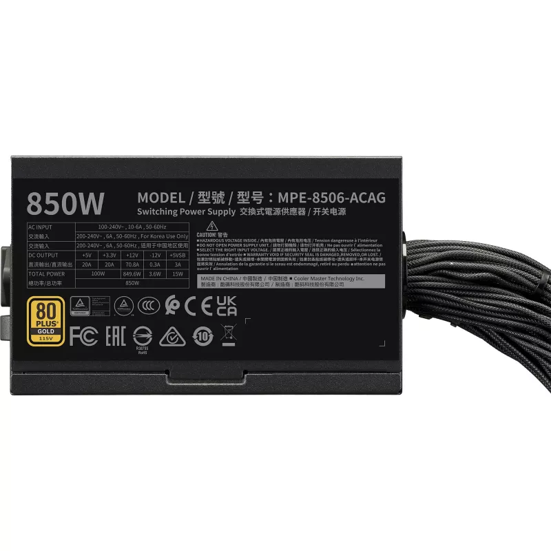 Cooler Master Barošanas bloks MWE Gold 850 V3 850W 80+Gold Nenomaināmi kabeļi ATX 3.1 Ventilators 120mm Garantija 5 gadi