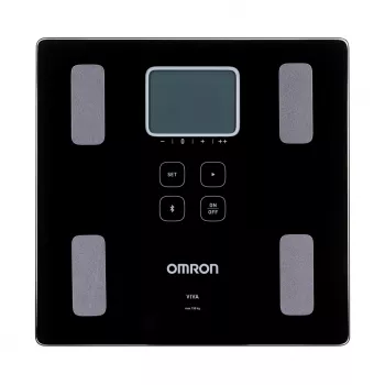 Omron VIVA elektroniskā personālie svari — kvadrātveida, melnā krāsā, maks. 150 kg, 100 g precizitāte, ķermeņa tauku/ĶMI/BMR mērīšana, 30 lietotāju atmiņa