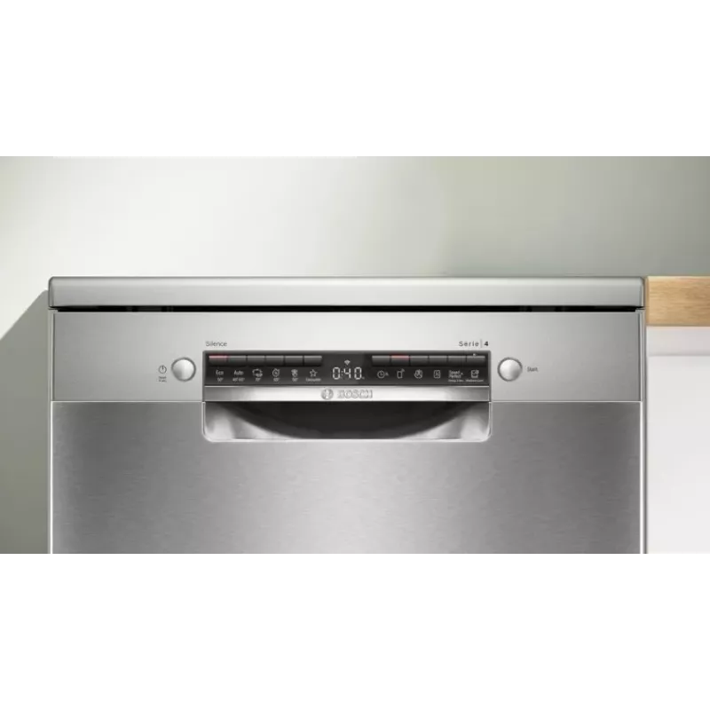 Brīvi stāvoša trauku mazgājamā mašīna Bosch SMS4EVI04E — 13 galda piederumu komplekti, 44–46 dB, energoefektivitātes klase D, 60×60×84.5 cm