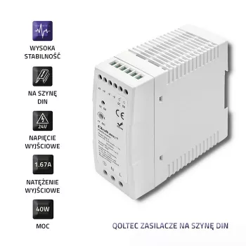 Qoltec Din Rail barošanas bloks | 40W | 24V | 1.67A | Balts | plāns