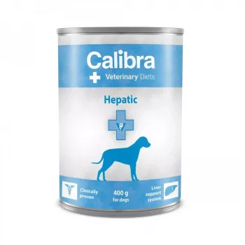 Mitrā suņu barība Calibra Veterinary Diets Hepatic 400 g — pieaugušo vistas formula aknu atbalstam, bez lipekļa un sojas