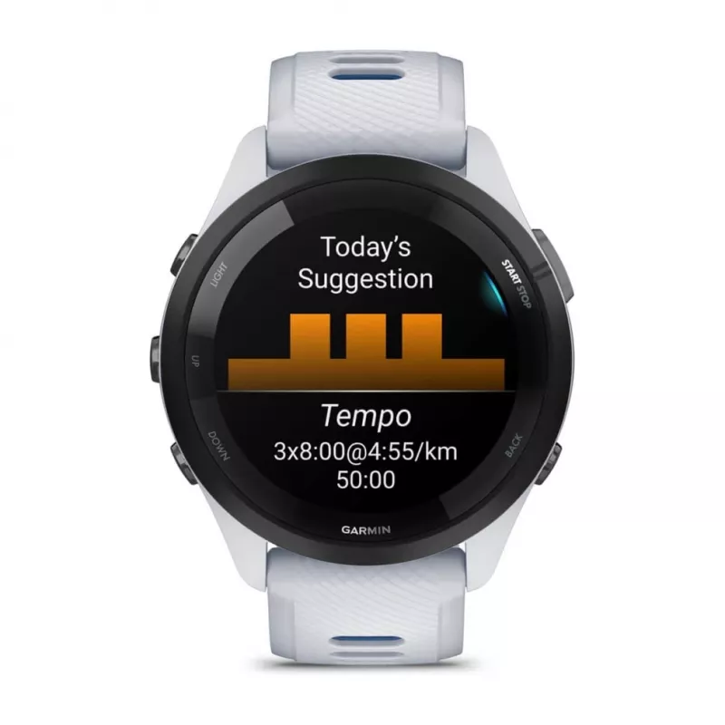 GARMIN Forerunner 265 viedpulkstenis — 46 mm GFRP korpuss, AMOLED 1,3 collas, GPS/GLONASS/Galileo, 15 dienu akumulators, 5 ATM, silikona siksniņa