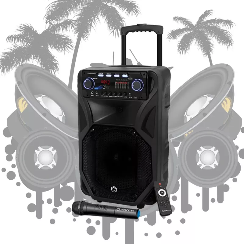 Pārnēsājams karaoke skaļrunis MANTA SPK5021PRO 20W, 12 collu zemfrekvences skaļrunis, 80W RMS, Bluetooth, baterija līdz 5h, SD/USB, mikrofona un ģitāras ieejas