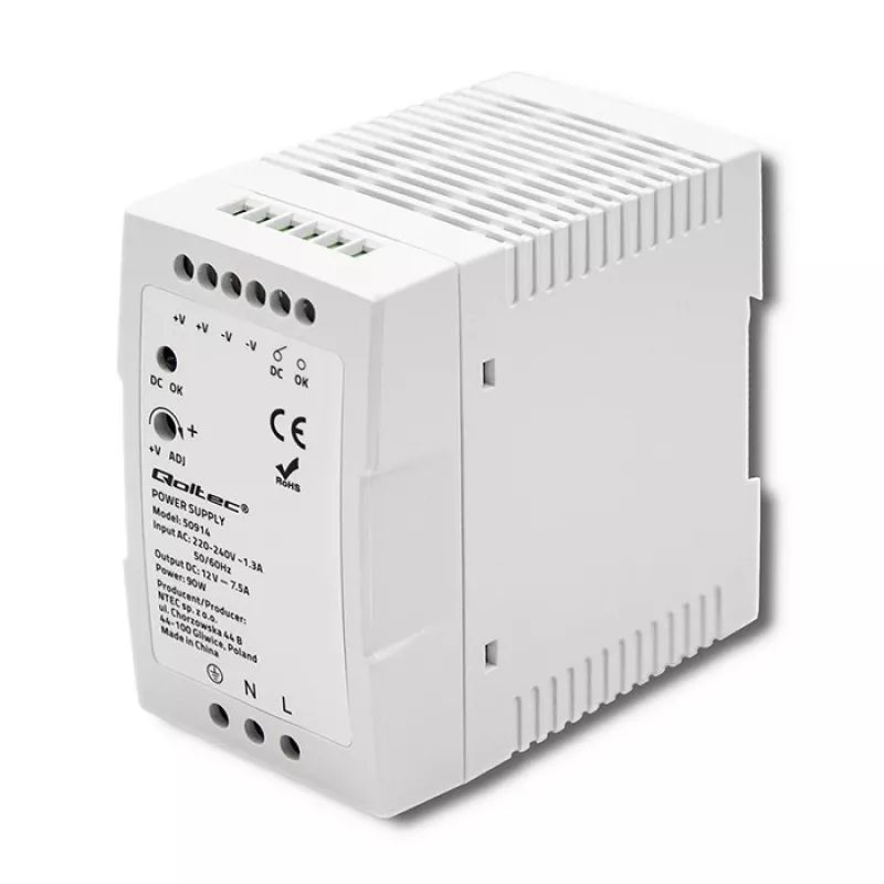 Qoltec 50914 DIN sliedes barošanas bloks | 90W | 12V | 7.5A | Balts | Plāns