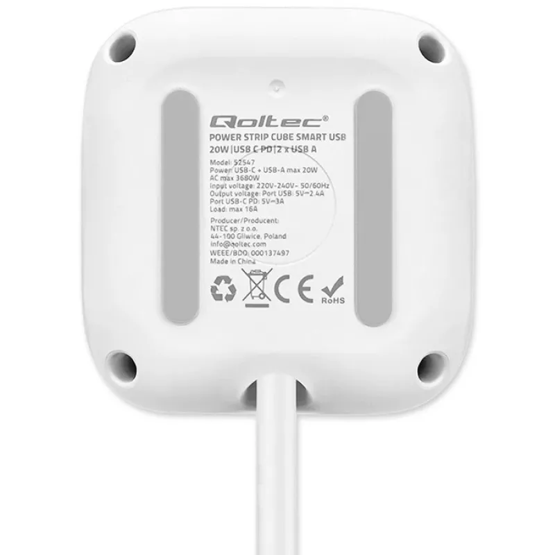 Power Cube QOLTEC 52547 strāvas sadalītājs 3× maiņstrāvas kontaktligzdas, 2× USB-A, 1× USB-C PD 20W
