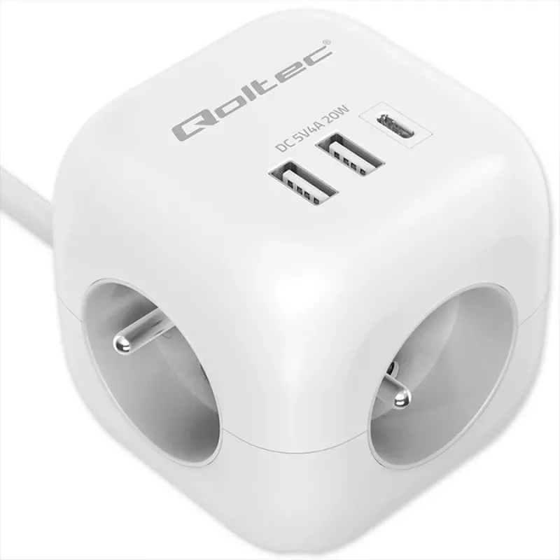 Power Cube QOLTEC 52547 strāvas sadalītājs 3× maiņstrāvas kontaktligzdas, 2× USB-A, 1× USB-C PD 20W