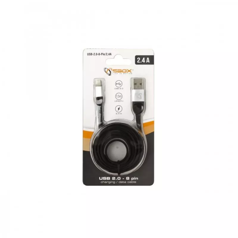 Sbox USB 2.0-8-Pin/2.4A melns/sudrabains