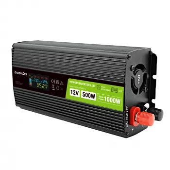 Green Cell sprieguma pārveidotājs PowerInverter LCD 12 V 500W/1000W auto invertors ar displeju - tīra sinusoīda strāvas adapteris Auto Melns