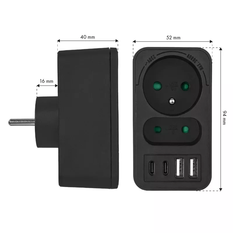 Strāvas sadalītājs MACLEAN MCE249 F/B — 2 maiņstrāvas ligzdas (16A + 6A) ar 2×USB-A un 2×USB-C PD 20W, ES spraudnis, melns