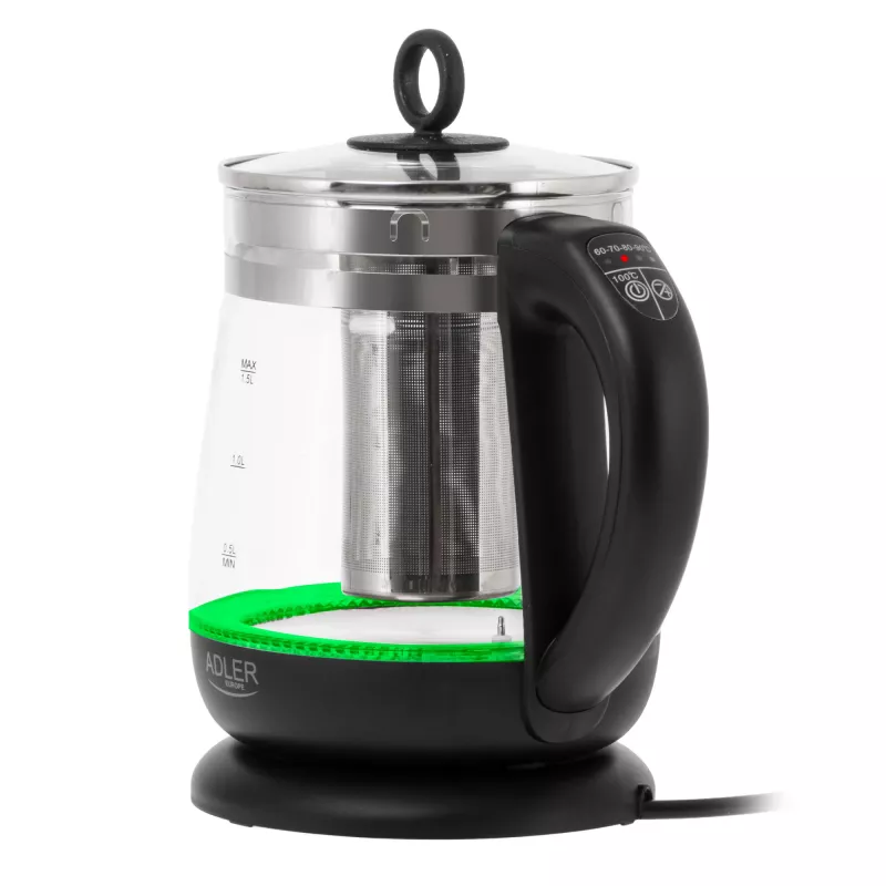 Adler Tējkanna | AD 1299 | Elektriskā | 2200 W | 1,5 L | Stikla | 360° rotējoša pamatne | Melna