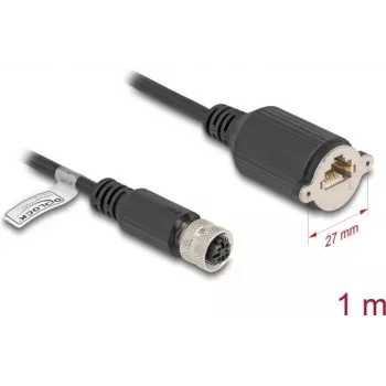 Tīkla kabelis DeLOCK M12 kabelis D-kodēts 4 kontaktu sievišķais uz RJ45 ligzdu Cat5e 1 m melns