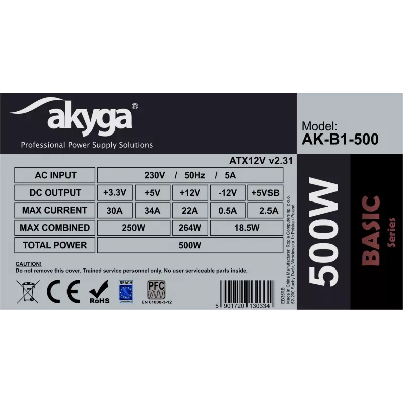 Barošanas bloks Akyga AK-B1-500, 500 W, ATX 2.31, 20+4 kontaktu, 120 mm ventilators, nemodulārs