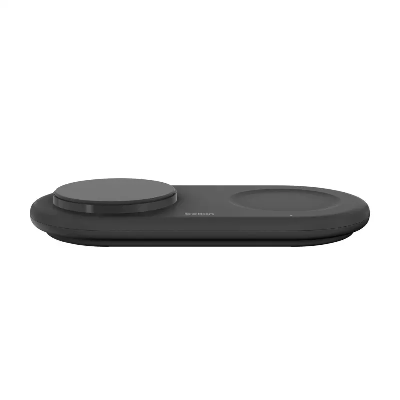 Belkin WIZ021VFBK - 2-in-1 bezvadu uzlādes paliktnis ar Qi2 tehnoloģiju 15 W, melns
