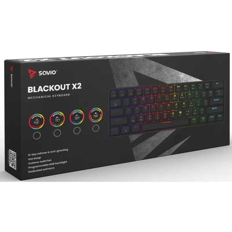 Mehāniskā spēļu tastatūra SAVIO MelnsOUT X2 BROWN 61 taustiņi 60% USB QWERTY RGB Outemu Brown