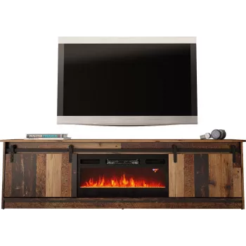 TV skapis Cama Meble GRANERO ar kamīna skapi, 2000×567×350 mm, skaidu plātne/MDF, 2 bīdāmas durvis, matēts vecā koka izskats