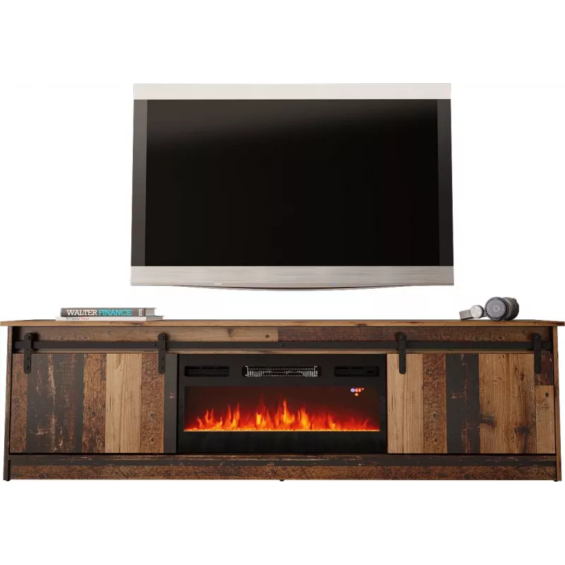 TV skapis Cama Meble GRANERO ar kamīna skapi, 2000×567×350 mm, skaidu plātne/MDF, 2 bīdāmas durvis, matēts vecā koka izskats