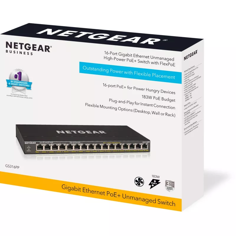 NETGEAR GS316PP Nevadāms Gigabit Ethernet (10/100/1000) Power over Ethernet (PoE) Melns