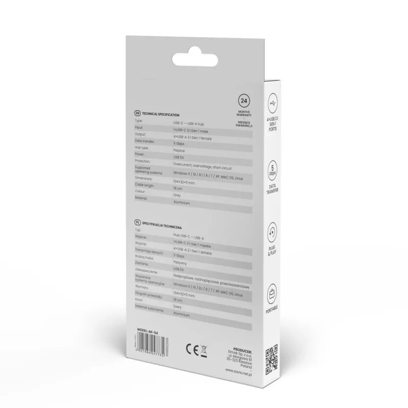 USB centrmezgls SAVIO AK-54 — 4 x USB-A (USB 3.2 Gen 1), USB-C resursdators, melns