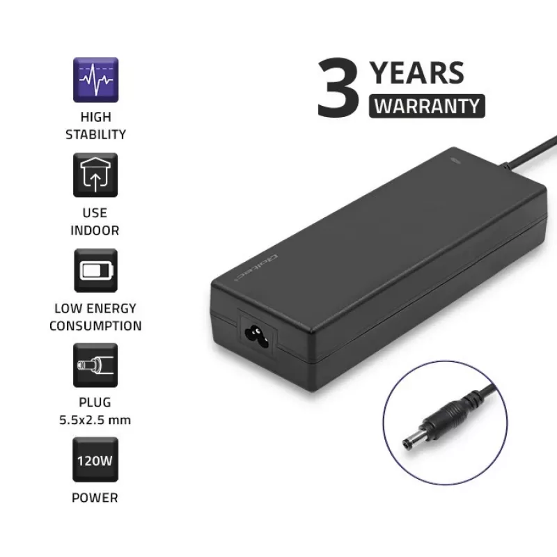 Qoltec 120W galddatora barošanas bloks | 12V | 10A | 5.5*2.5 | + strāvas kabelis