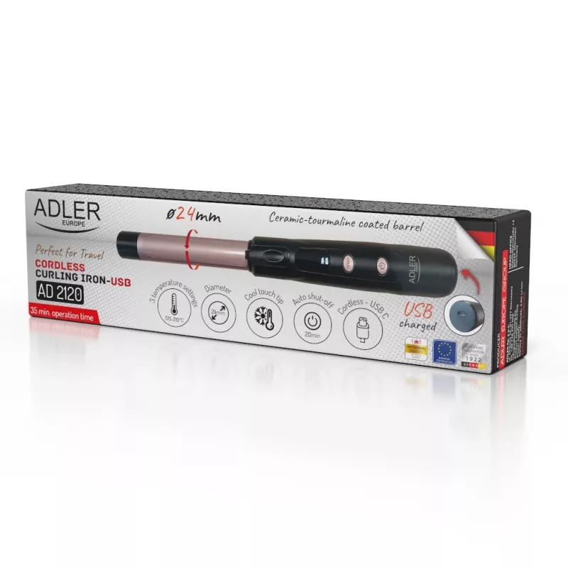 Bezvada lokšķēres Adler AD 2120 — 2,4 cm keramikas-turmalīna cilindrs, LED displejs, līdz 170–210 °C, uzlādējamas 2×2600 mAh