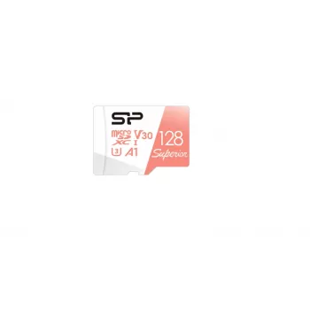 MicroSDXC karte Silicon Power Superior 128GB UHS-I Class 10 U3 V30, 100/80 MB/s, balta/persiku