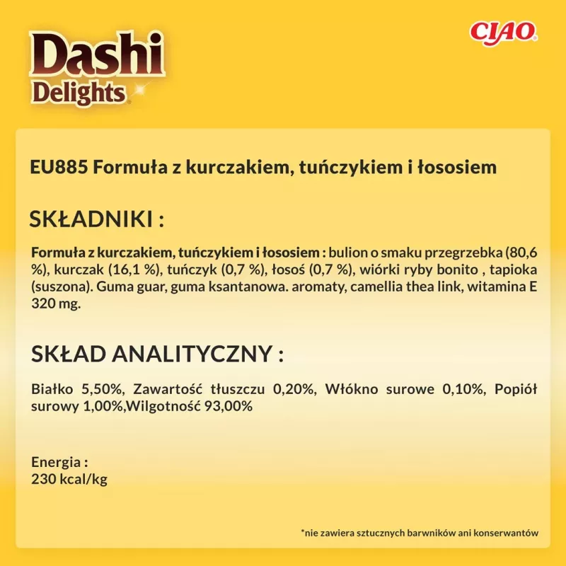 Mitrā kaķu uzkoda INABA Dashi Delights Silky Broth — Vista ar tunci un lasi, 40 g paciņa, 93% mitrums, diētisks gremošanas atbalsts