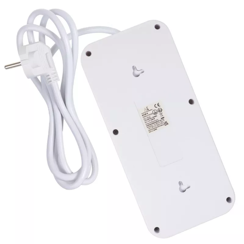 Strāvas sadalītājs MACLEAN MCE389 W — 6 kontaktligzdas, 4×USB-A, 1×USB-C, 2500 W, 110–240 V, 1,5 m kabelis, balts