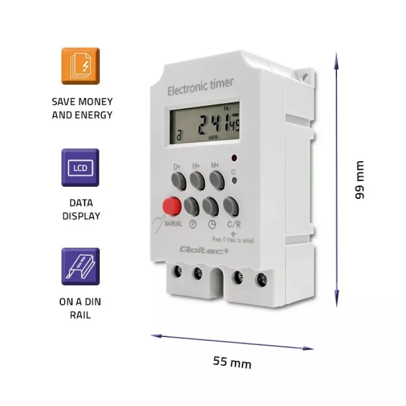 DIN-sliedes elektroniskais taimeris QOLTEC PC0629 — 24V barošana, 16A izeja
