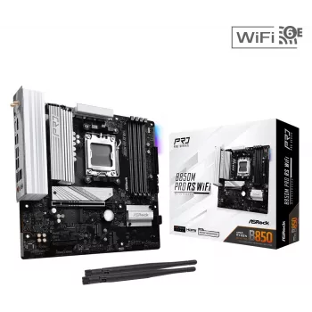 ASRock B850M Pro RS WiFi mātesplate — AMD B850, Socket AM5, microATX, DDR5, 4 DIMM, 256GB, Wi‑Fi 6E, 2.5Gb LAN, 3x M.2